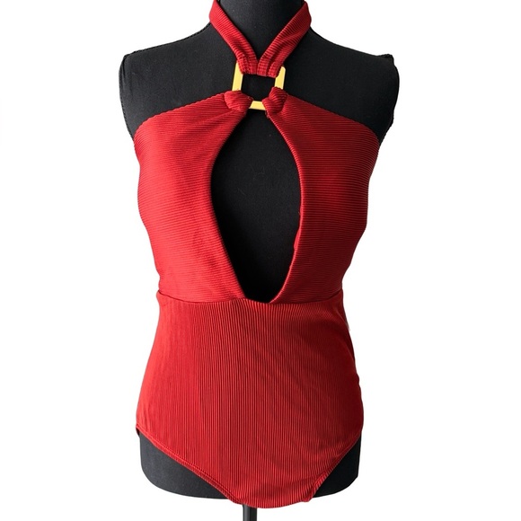 Heat Other - Red Halter One-Piece Swimsuit with Decorative Ring Detail